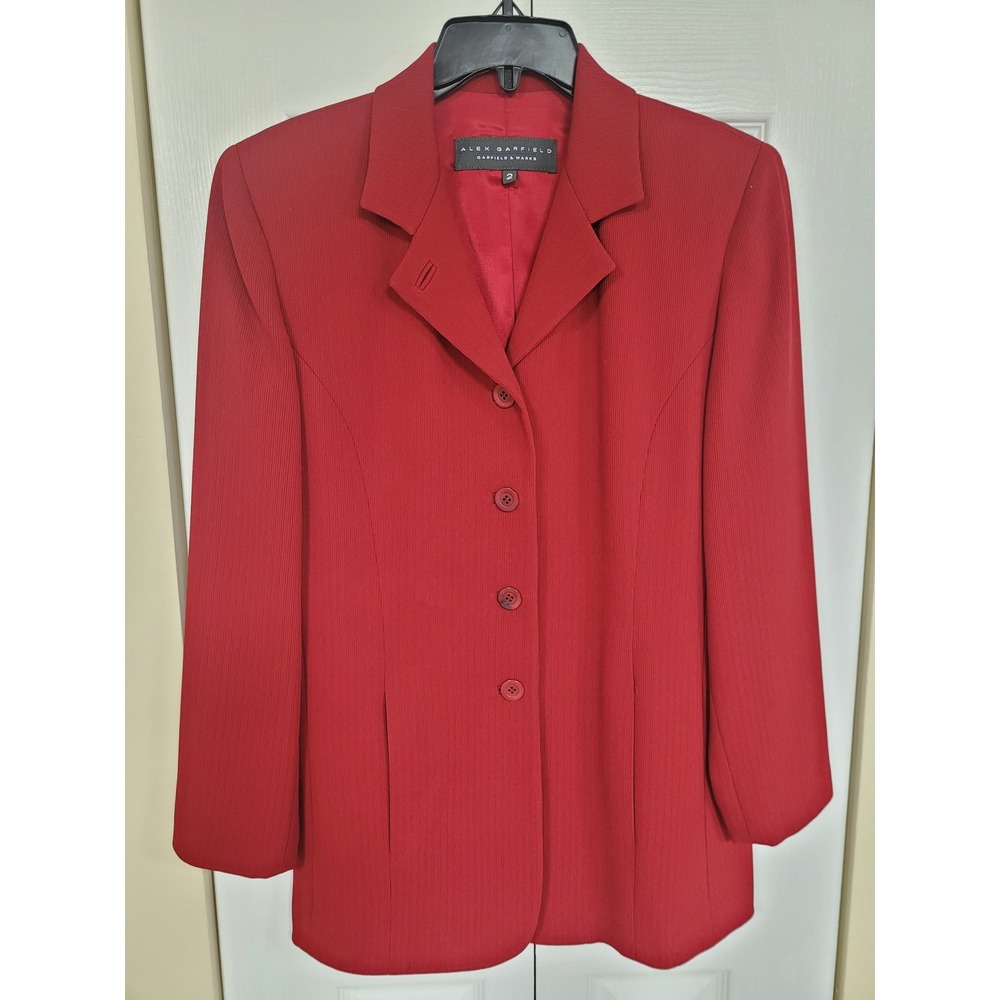Alex Garfield Blazer‎ Sz 2 Red Fitted Buttoned Womens Jacket Ribbed Slit Pockets